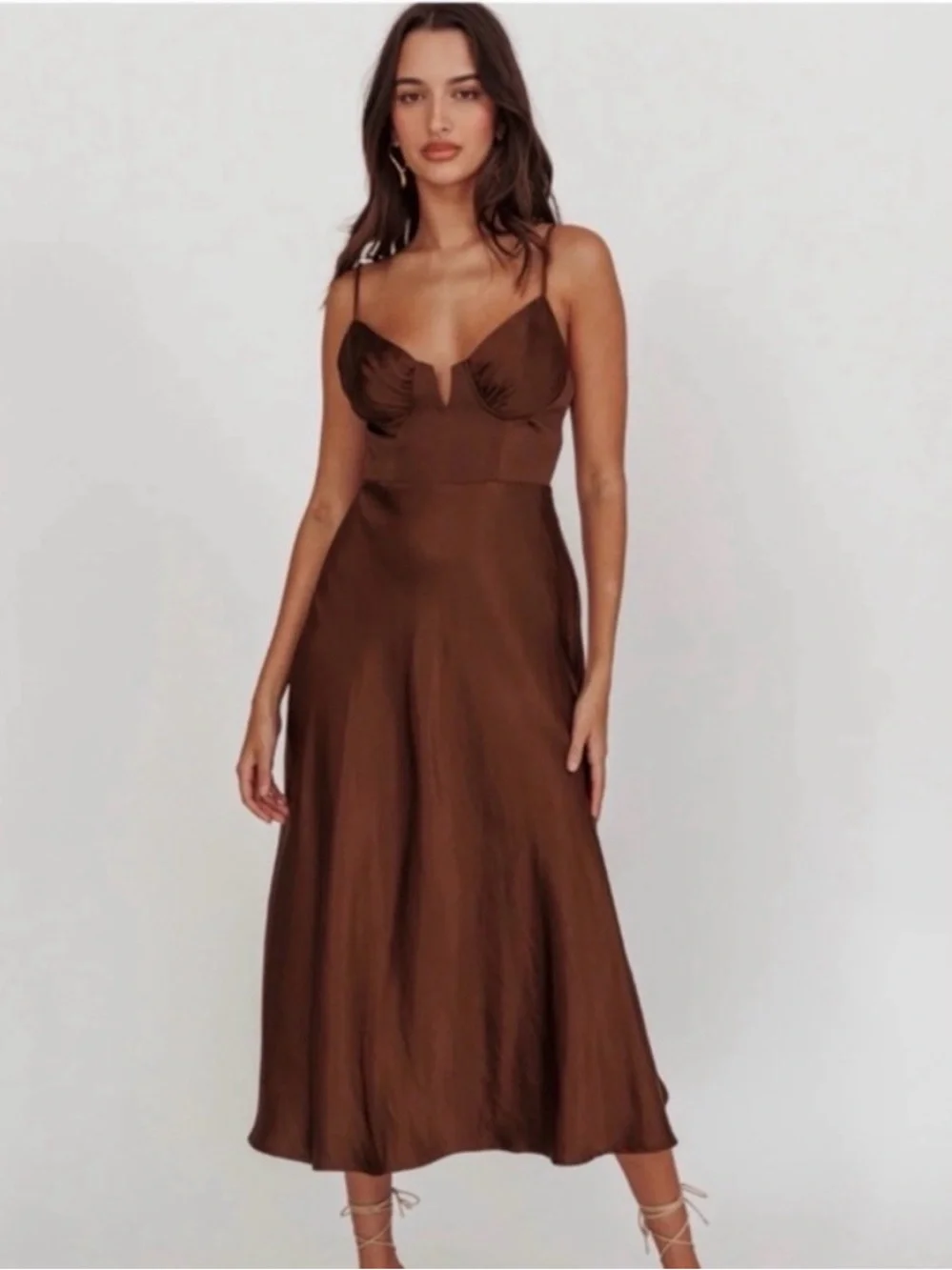 NEW Selfie Leslie Lake Como A-Line Midi Dress - Brown Size XS - Picture 2 of 8
